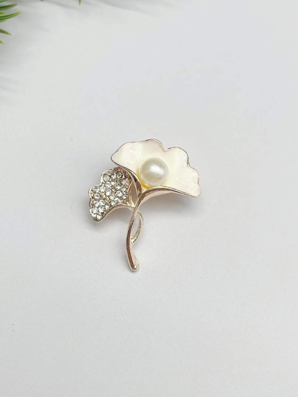 Anthropologie Cream Enamel & Pearl Flower Brooch with Crystal Accent